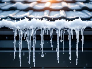 Dakgoot in winter met ijspegels naast ijsvrij gedeelte met vogelwerende borstels die waterafvoer waarborgen