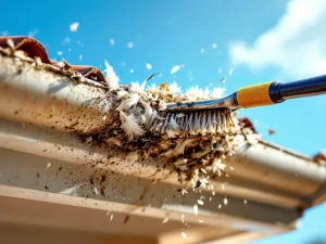 Verstopte dakgoot met vogeluitwerpselen en veren wordt schoongemaakt met professionele borstel tegen blauwe lucht