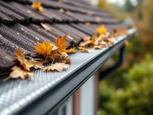 Dakgoot met geïntegreerde fijnmazige gaas en borstelstijl bladvangers, herfstbladeren op bruine borstels, Nederlandse woning op achtergrond