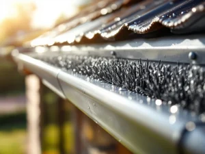 Aluminium regengoot met vogelverende borstel geïnstalleerd, waterdruppels zichtbaar op metalen oppervlak in ochtendlicht