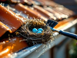 Gutterborstel verwijdert vogelnest met blauwe eieren uit verstopte dakgoot bij oranje pannen
