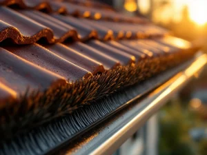 Anti-marter borstel met stijve haren geïnstalleerd op dakgoot, weert steenmarter af, professionele kwaliteit op Nederlands dak