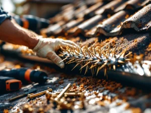 Handen installeren marter afweerborstels op dakgoot met gereedschap, close-up van spitse metalen borstelharen