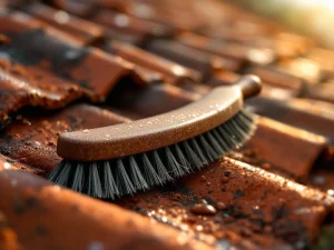 Marter afweerborstel met stijve haren op Nederlandse dakpannen, dauwdruppels tonen weerbestendigheid