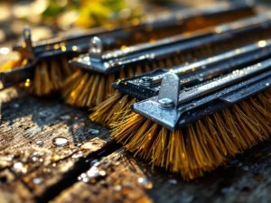 Professionele marter afweerborsels met stevige borstelharen en metalen bevestiging op houten ondergrond