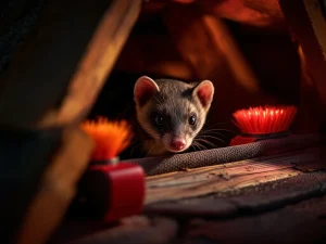 Steenmarter in dakspanten met oranje en rode afweerborstel barrières rond dakgoten voor ongediertebestrijding