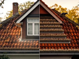 Nederlands huis met anti-marter borstelsysteem geïntegreerd in dakgoot, vergelijking voor en na installatie