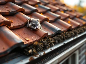 Rode dakpannen met anti-marter borstels langs dakrand en goot, steenmarter gedeeltelijk zichtbaar tussen pannen