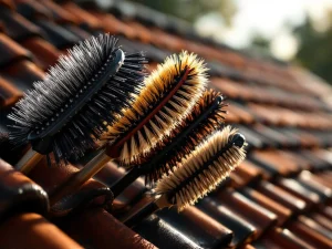 Professionele marter afweerborsels met verschillende borstelmaterialen tegen Nederlandse dakpannen achtergrond