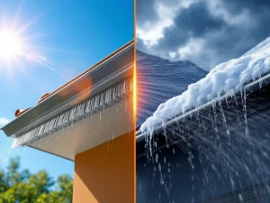 Marter afweerborstel op dakgoot in zonnig en regenachtig weer, toont duurzaamheid en weerbestendigheid