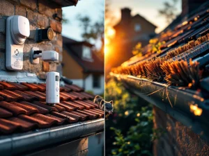 Marter afweermiddelen geïnstalleerd rondom huis: ultrasone apparaten, sensoren en afweerborstels op dakgoot tegen steenmarters