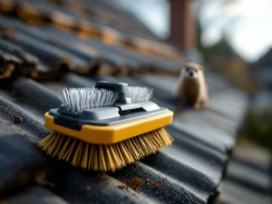 Anti-marter borstel met stijve haren op dakrand naast donkere dakpannen, marter op afstand zichtbaar