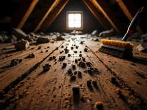 Martersporen en uitwerpselen op stoffige zoldervloer met anti-marterborstels als professionele bestrijdingsoplossing