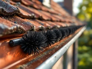 Professionele marter afweerborstel geïnstalleerd in koperen dakgoot met Nederlandse dakpannen op achtergrond