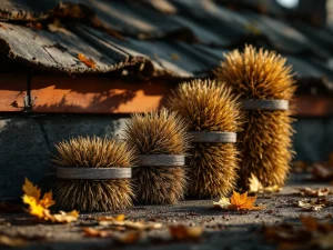 Marter afweerkwasten in verschillende maten op dakpannen, van klein naar groot gerangschikt met natuurlijke bruine borstels