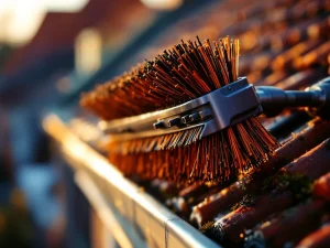 Professionele marter afweerborstel met stijve haren op Nederlands dak, gouden uurtje verlichting benadrukt textuur