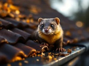 Steenmarter op dakpannen met anti-marter borstels langs dakgoot als afweersysteem op Nederlands woonhuis bij schemering