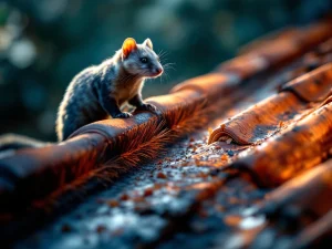 Oranje dakpannen met borstelstrip tegen steenmarters, marter op afstand zichtbaar, professionele dakbescherming