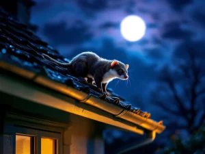 Steenmarter met witte borstvlek klimt 's nachts langs dakrand met dakgoten, pest control barrières zichtbaar bij maanlicht