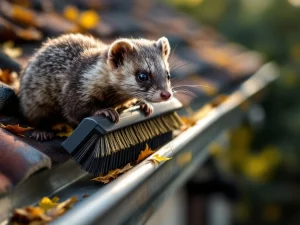 Steenmarter op dakgoot met anti-marter borstel in voorgrond, herfstbladeren in goot, Nederlandse dakpannen op achtergrond