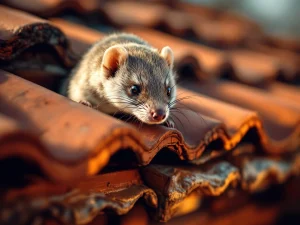 Steenmarter op rode dakpannen met zwarte borstels als afweer langs dakrand en goot voor ongediertebestrijding
