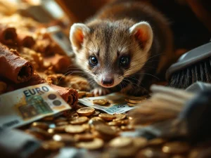 Steenmarter veroorzaakt schade aan dakisolatie en kabels, met euro bankbiljetten die reparatiekosten symboliseren