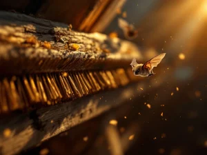 Vleermuis vliegt weg van zachte borstelbescherming op houten dakbalk in zolderruimte met natuurlijk licht