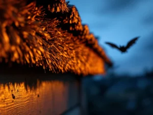 Vleermuis-afweerborstel op daklijn bij schemering met stijve nylon vezels die naderende vleermuis tegenhouden