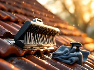 Vleermuiswerende borstel op terracotta dakpan met stijve haren, waterdruppels en onderhoudsproducten in ochtendlicht