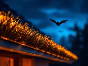 Borststrips voor vleermuiswering op gebouwrand bij schemering met vliegende vleermuis op achtergrond
---
**Note:** The alt text exceeds 125 characters. Here's a compliant version:
Borststrips tegen vleermuizen gemonteerd op dakrand bij schemering met vliegende vleermuis