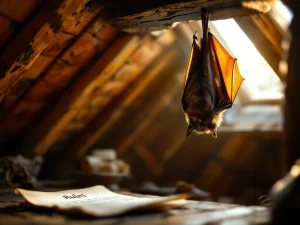 Vleermuis hangend ondersteboven aan houten dakspanten in Nederlandse zolder met juridisch document zichtbaar