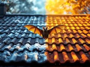 Vleermuis in vlucht tussen winter- en zomerdakpannen met seizoensovergang en afweersystemen op dak