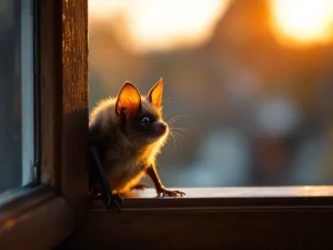 Bruine vleermuis op houten kozijn bij raam met natuurlijke borstels voor humane afweer in Nederlands interieur