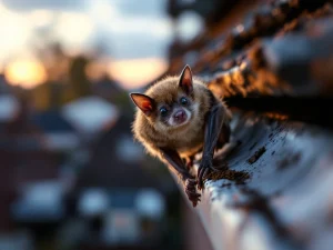 Bruine vleermuis op beschadigde aluminium dakgoot met krassen en uitwerpselen bij zonsondergang