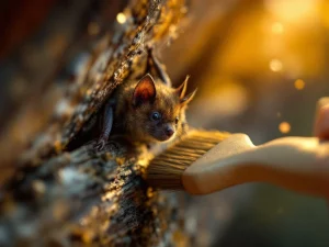 Kleine bruine vleermuis wordt voorzichtig met zachte borstel van zolderbalk verwijderd, diervriendelijke ongediertebestrijding