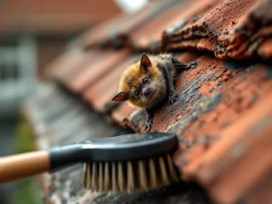 Bruine vleermuis op dakpannen met professionele borstel voor ongediertebestrijding en huisonderhoud