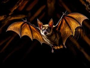 Vleermuis in vlucht met gespreide vleugels in zolder, gouden geluidsgolven, humane verjaagmethode zichtbaar