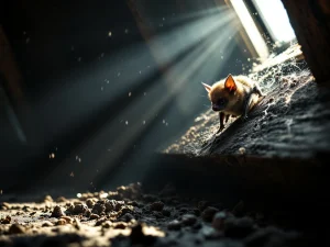 Bruine vleermuis hangt aan houten dakspanten in donkere zolder met lichtstralen door dakpannen