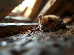 Kleine vleermuis rust op houten zolderbalk met humane afweerborstel en natuurlijk licht