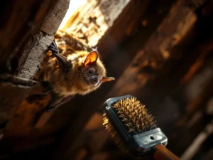 Bruine vleermuis op verweerde houten dakbalk in zolder met professionele reinigingsborstel voor humane verwijdering