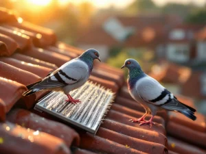 Roestvrijstalen vogelpinnen op rode dakpannen met duif op veilige afstand, harmloze afweer bij ochtendlicht