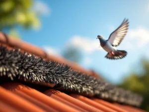 Zwarte nylon vogelwerende borstel op terracotta dakpannen houdt duif op afstand bij zonnig weer