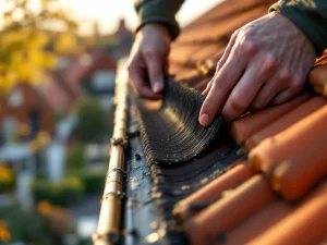 Handen installeren zwarte vogelwerende borstelstrip op oranje pannendak, gereedschap zichtbaar, Nederlandse daken op achtergrond
