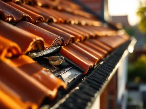 Zwarte borstelstrip vogelbescherming geïnstalleerd op oranje dakpannen tegen mus die toegang zoekt