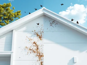 Witte huisgevel, half schoon met beschermende borstels, half beschadigd door vogelpoep, vogels in blauwe lucht