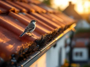 Vogelverschrikking borstels op dakrand met zangvogel op dakpan, diervriendelijke bescherming bij zonsondergang