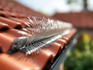 Vogelwerende borstelstrip van roestvrij staal geïnstalleerd op oranje dakpannenrand met scherpe details