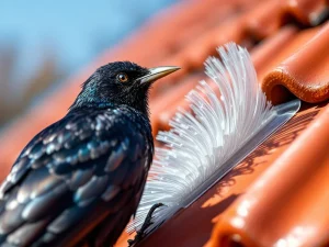 Zwarte merel drukt tegen transparante vogelpinnen op oranje dakpannen met blauwe lucht op achtergrond