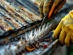 Gehandschoende handen verwijderen verweerde vogelwerende pinnen uit regengoot vol bladeren en roest