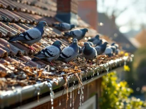 Duiven en spreeuwen op dakrand bij verstopte dakgoot vol takjes en nestmateriaal met overlopend water